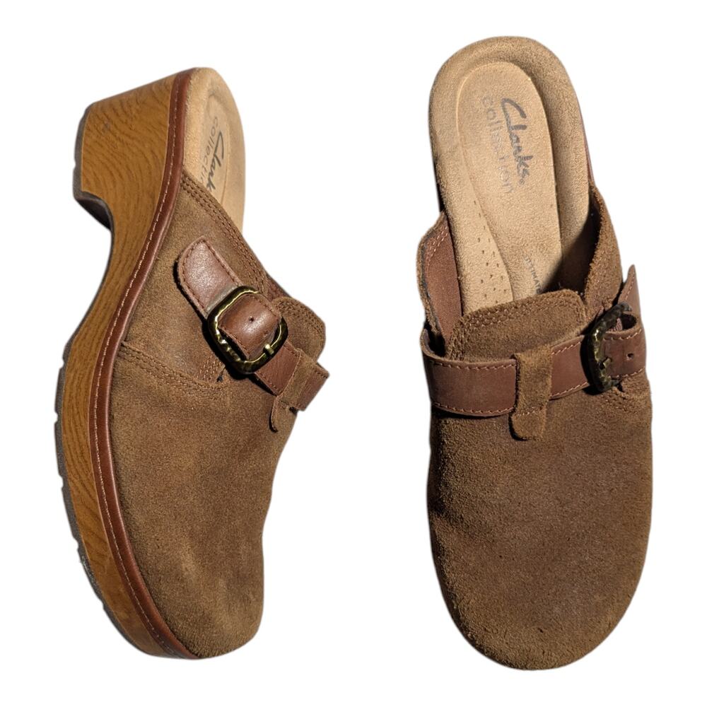 Clarks Paizlee Nora Brown Suede Open Back Wooden Heel Classic Clogs Sz 8.5